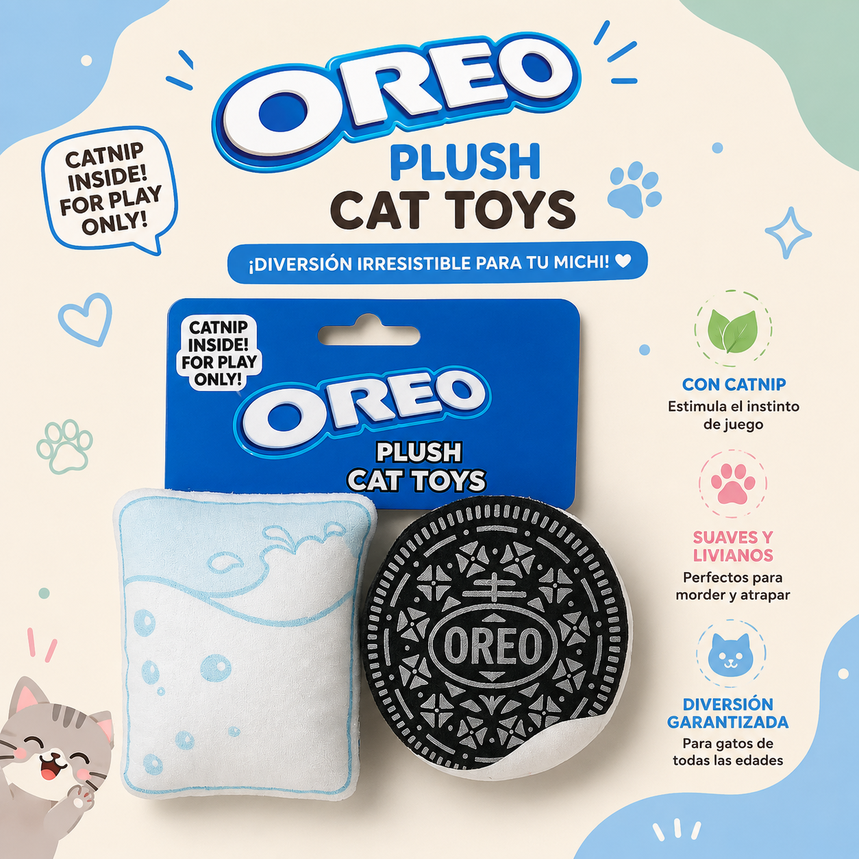 🍪🥛 Juego de Galleta Oreo y Vaso de Leche con Catnip