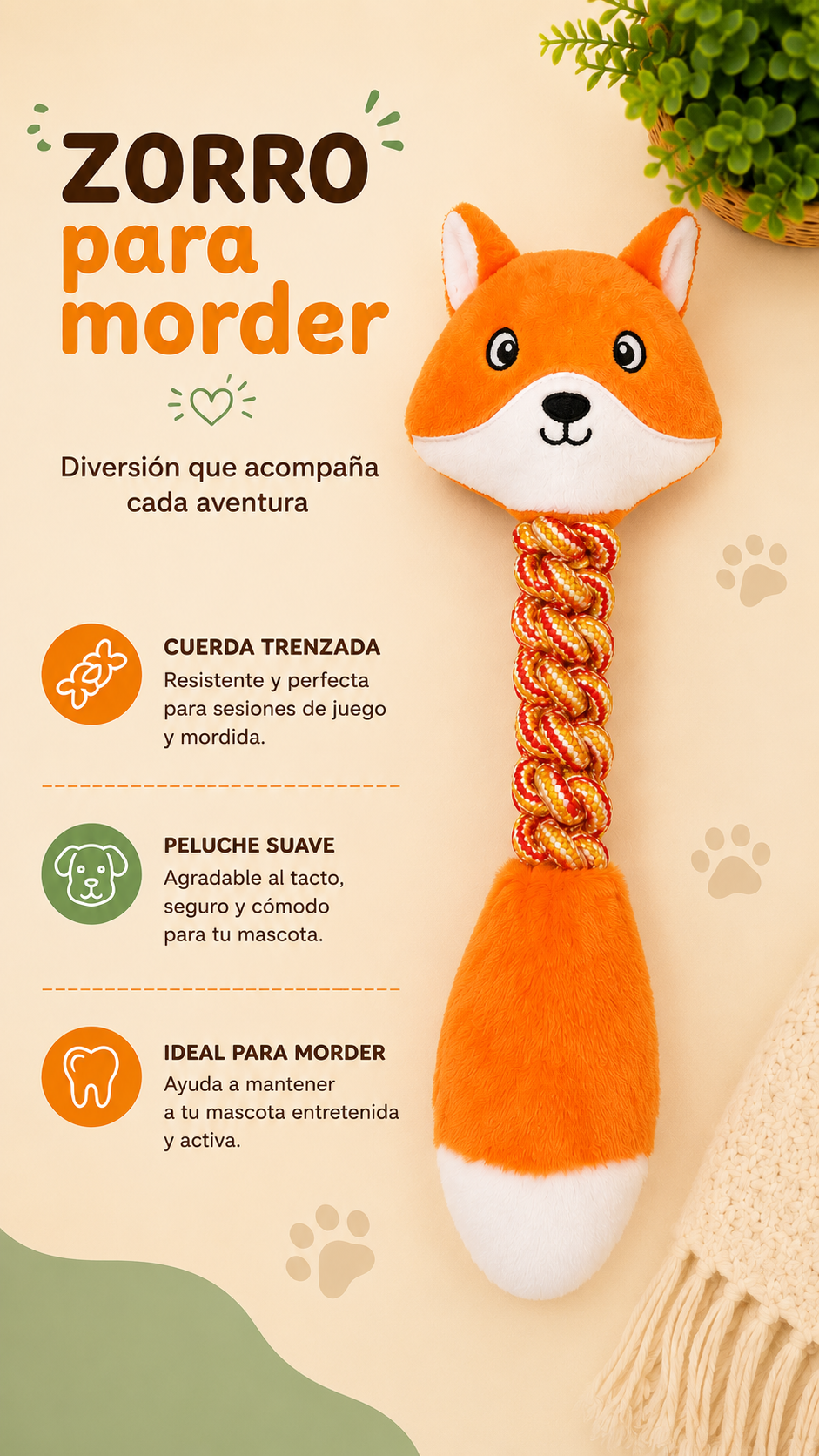 Zorro de Peluche con Cuerda Trenzada 🦊